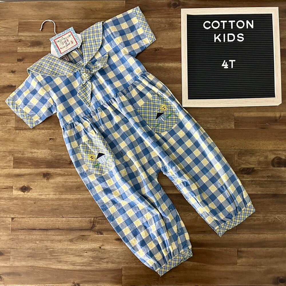 NWT Cotton Kids Blue Yellow Check Short Sleeve Sailor Collar Appliqué Romper 4T